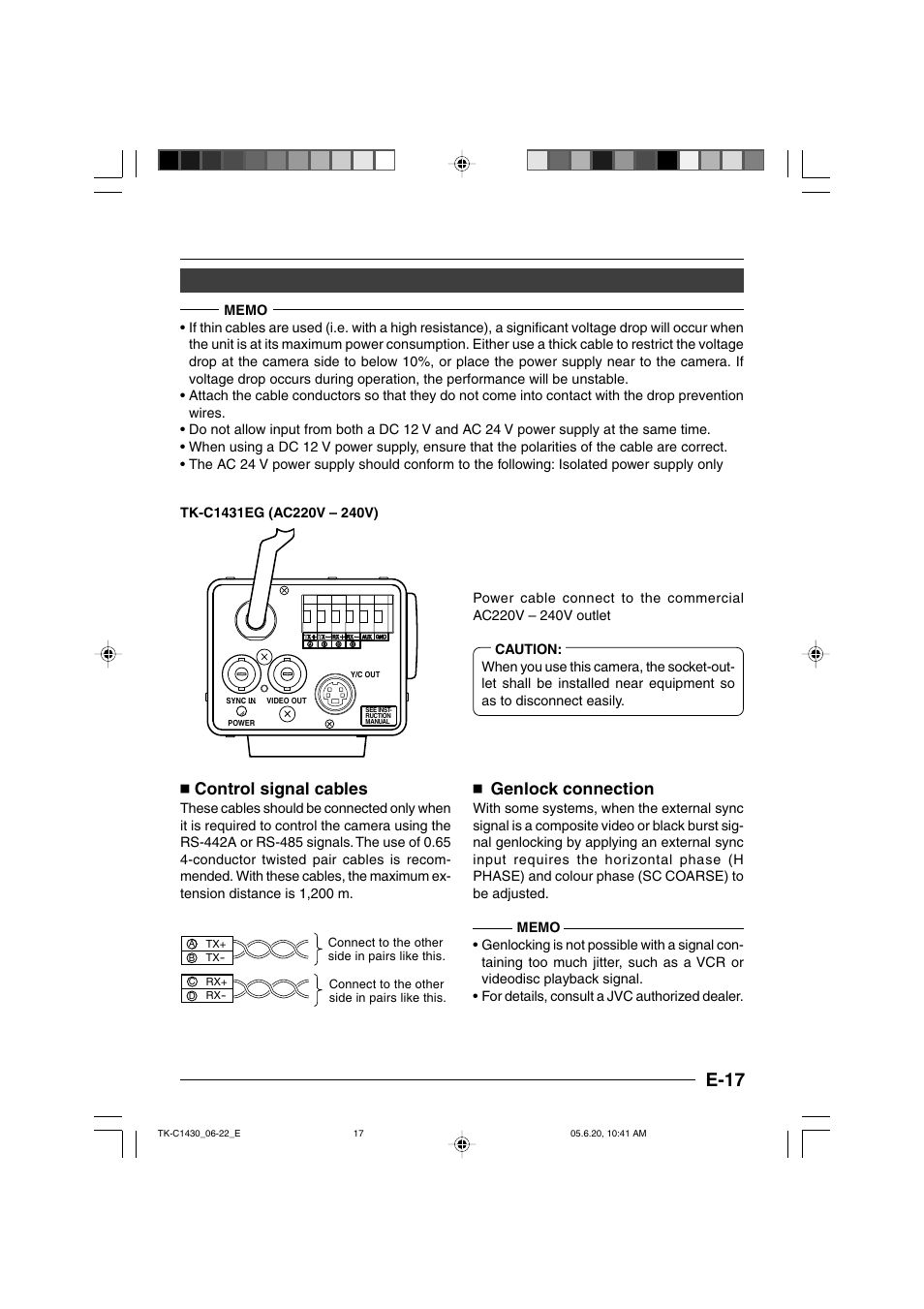 E-17, Control signal cables, Genlock connection | JVC TK-C1430 User Manual | Page 17 / 44