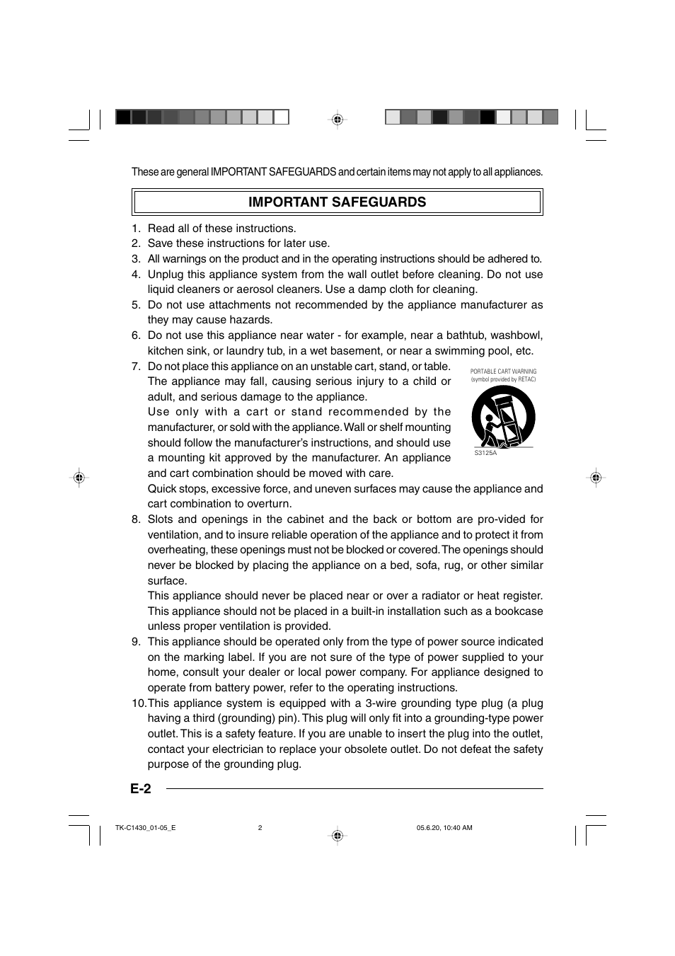 Important safeguards, E-2 important safeguards | JVC TK-C1430 User Manual | Page 2 / 44