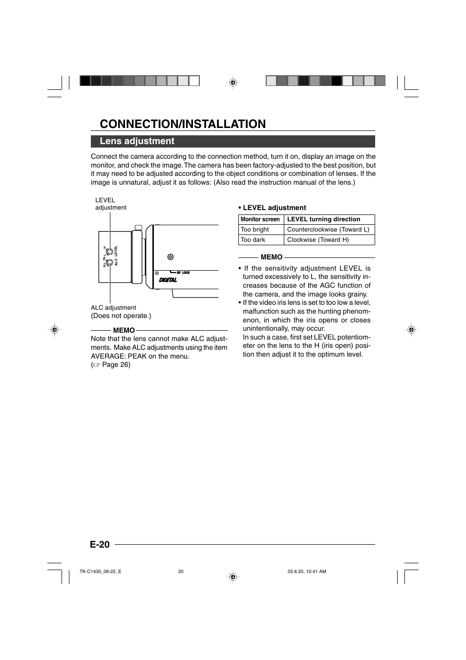 Lens adjustment, Connection/installation, E-20 | JVC TK-C1430 User Manual | Page 20 / 44