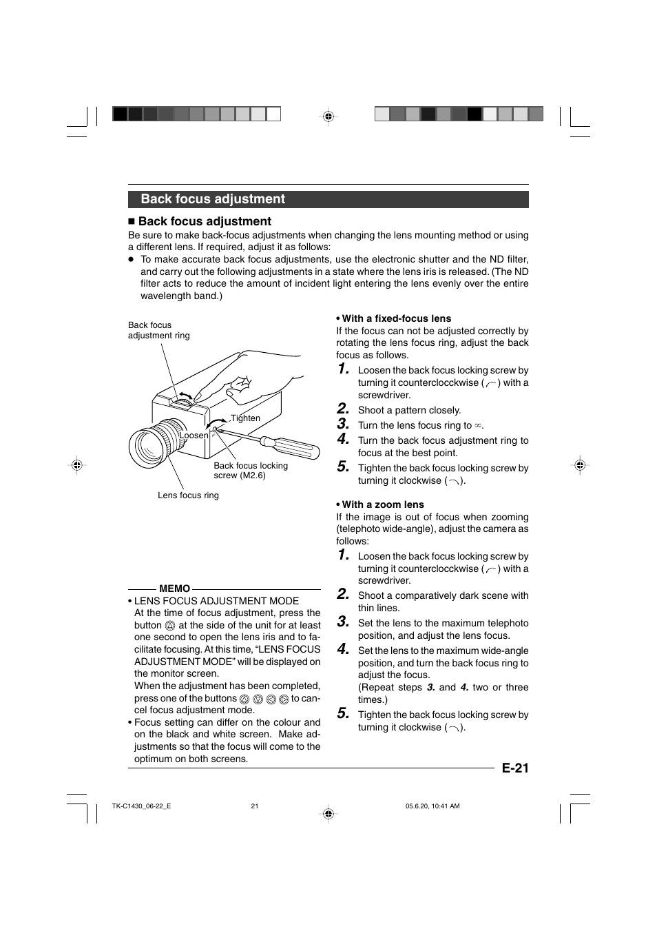 Back focus adjustment, E-21 back focus adjustment | JVC TK-C1430 User Manual | Page 21 / 44
