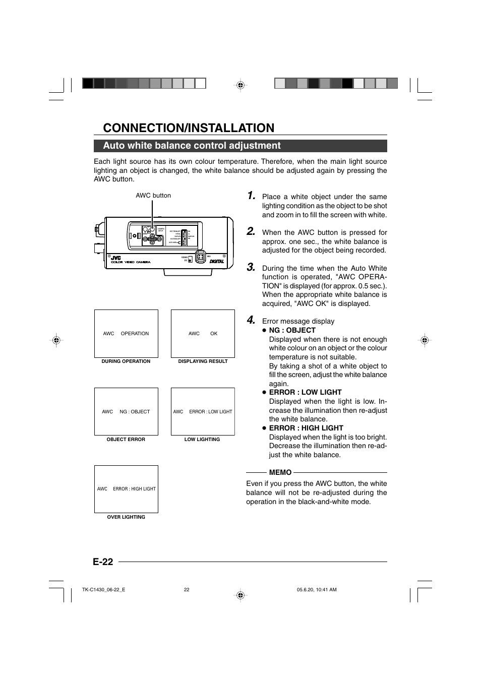 Auto white balance control adjustment, Connection/installation, E-22 | JVC TK-C1430 User Manual | Page 22 / 44