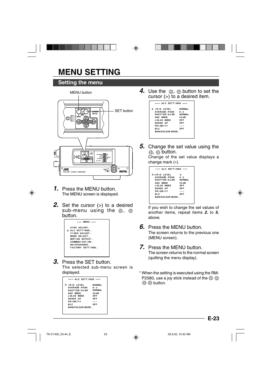 Menu setting, Setting the menu, E-23 | Press the menu button, Press the set button, Change the set value using the , button, The menu screen is displayed, The selected sub-menu screen is displayed | JVC TK-C1430 User Manual | Page 23 / 44