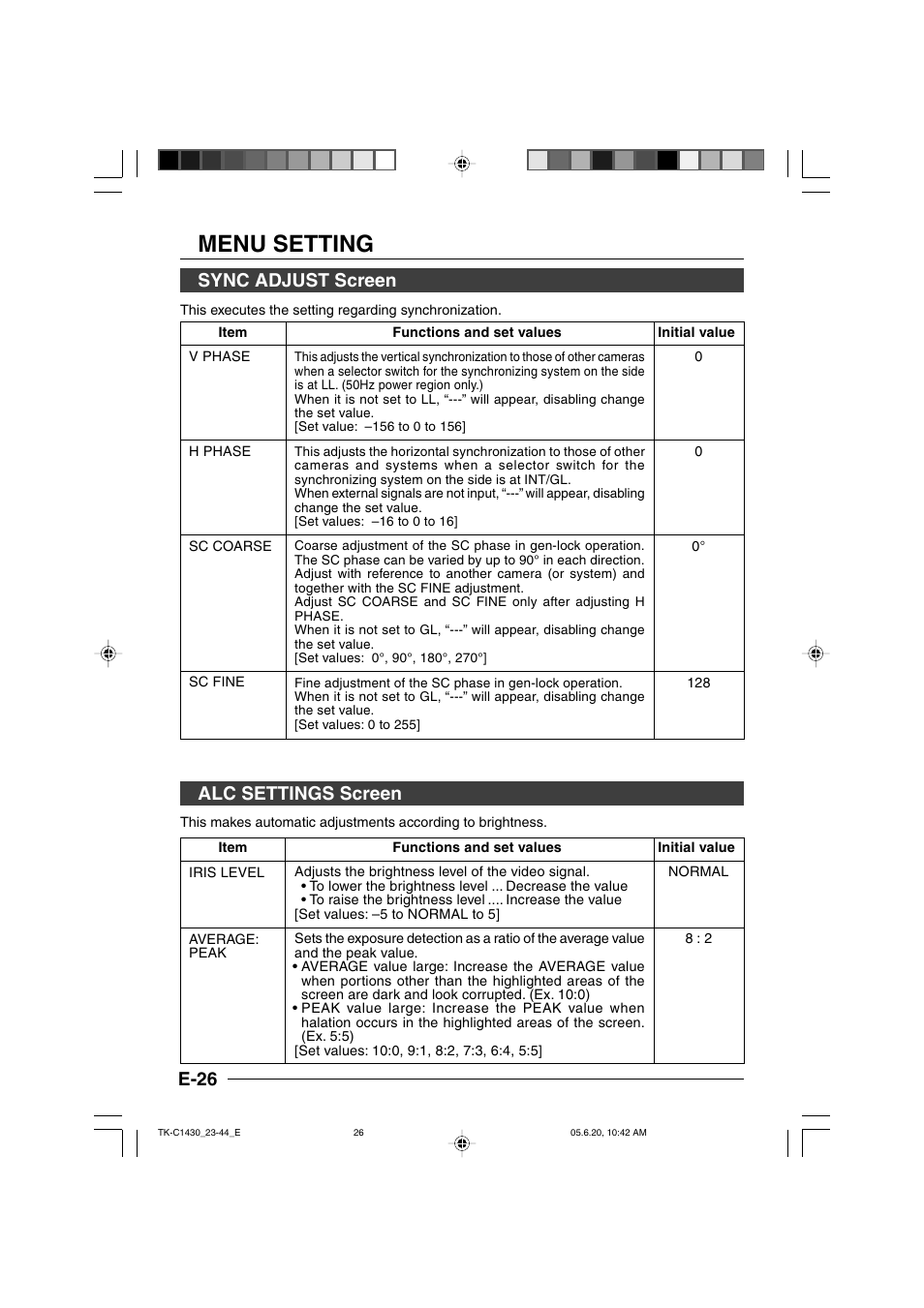 Sync adjust screen, Alc settings screen, Menu setting | E-26 | JVC TK-C1430 User Manual | Page 26 / 44