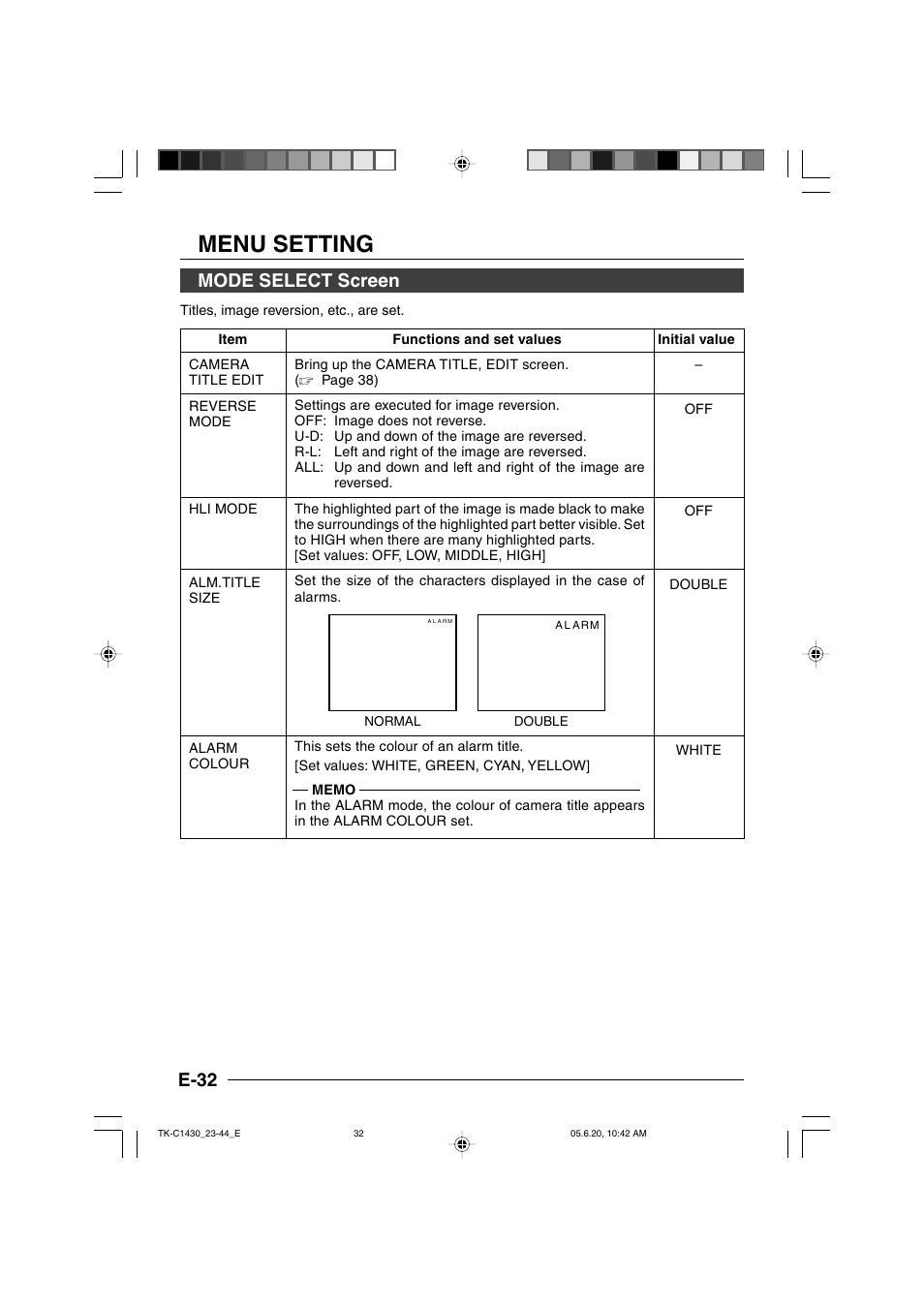 Mode select screen, Menu setting, E-32 mode select screen | JVC TK-C1430 User Manual | Page 32 / 44