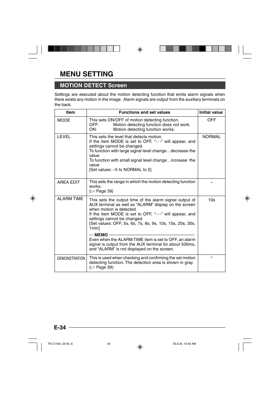 Motion detect screen, Menu setting, E-34 | JVC TK-C1430 User Manual | Page 34 / 44