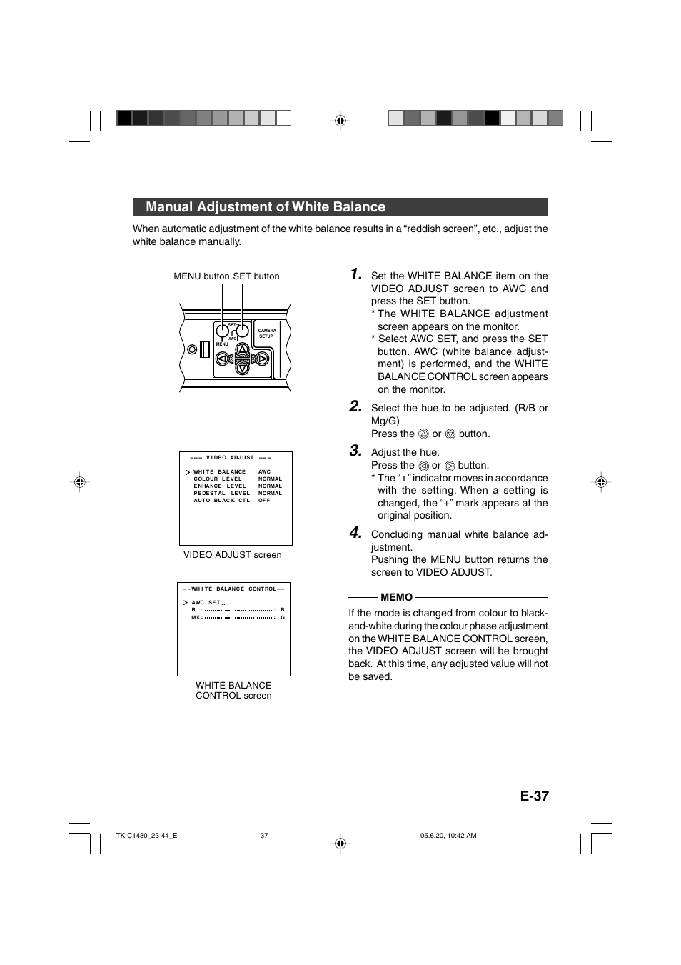 Manual adjustment of white balance, E-37 manual adjustment of white balance, Button | JVC TK-C1430 User Manual | Page 37 / 44