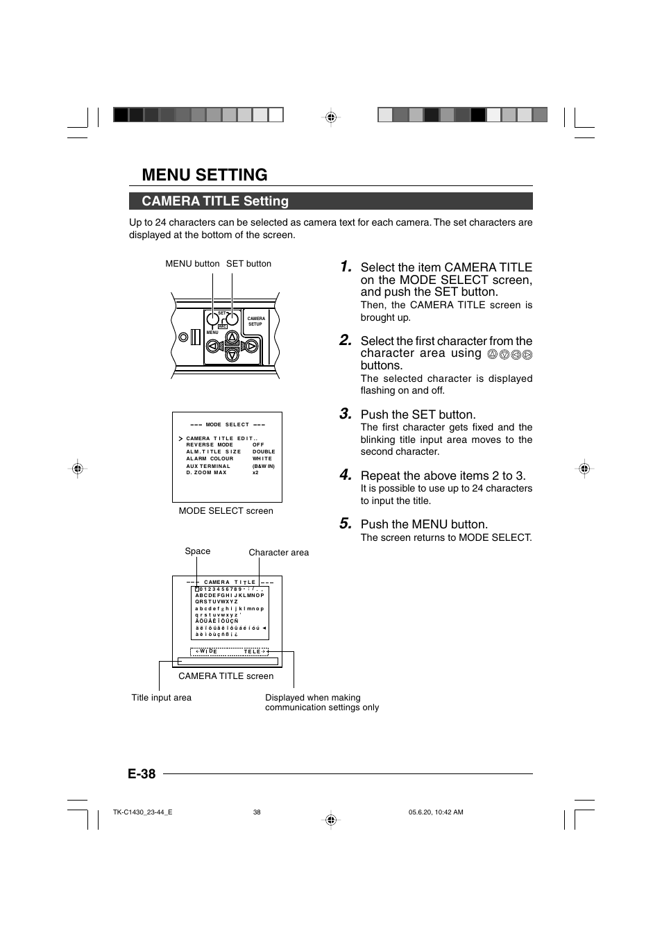 Camera title setting, Menu setting, E-38 | Push the set button, Repeat the above items 2 to 3, Push the menu button, Then, the camera title screen is brought up | JVC TK-C1430 User Manual | Page 38 / 44