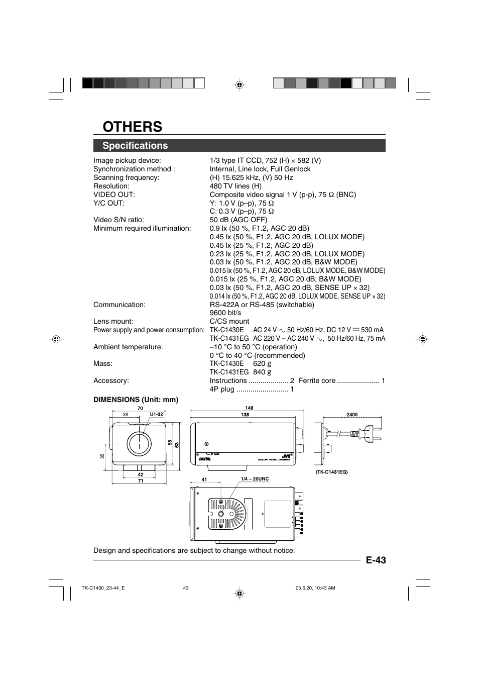 Others, Specifications, E-43 | JVC TK-C1430 User Manual | Page 43 / 44