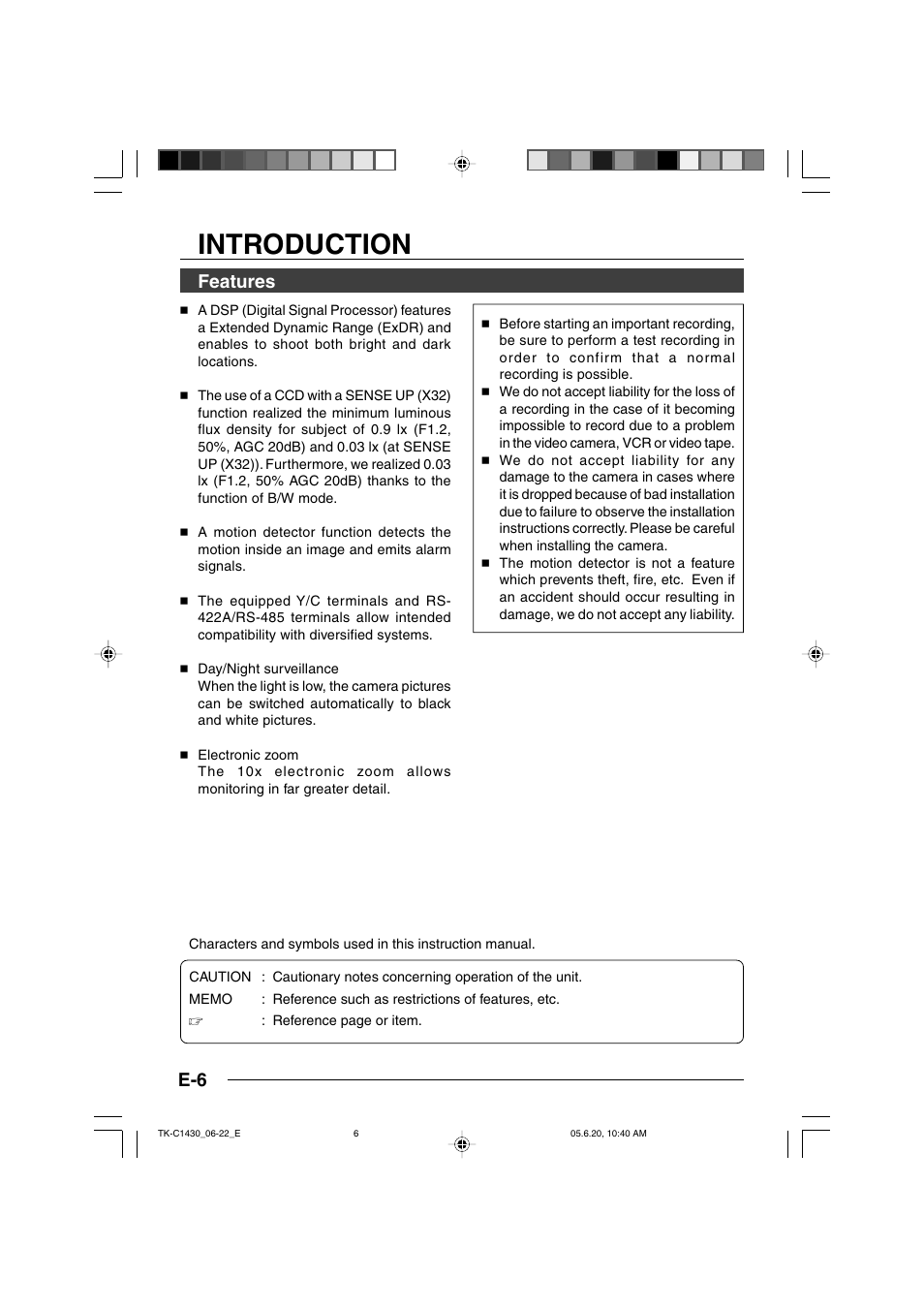 Introduction, Features | JVC TK-C1430 User Manual | Page 6 / 44