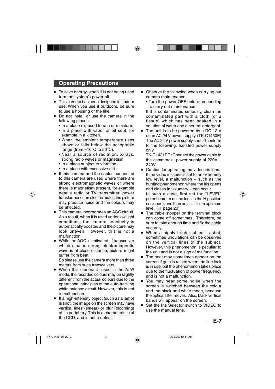 Operating precautions | JVC TK-C1430 User Manual | Page 7 / 44