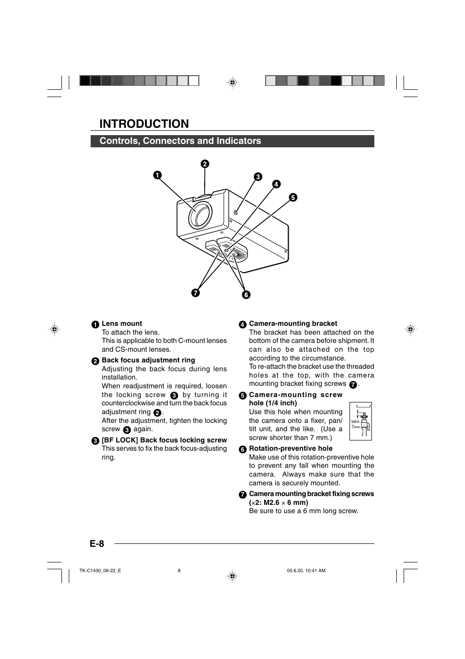 Controls, connectors and indicators, Introduction | JVC TK-C1430 User Manual | Page 8 / 44