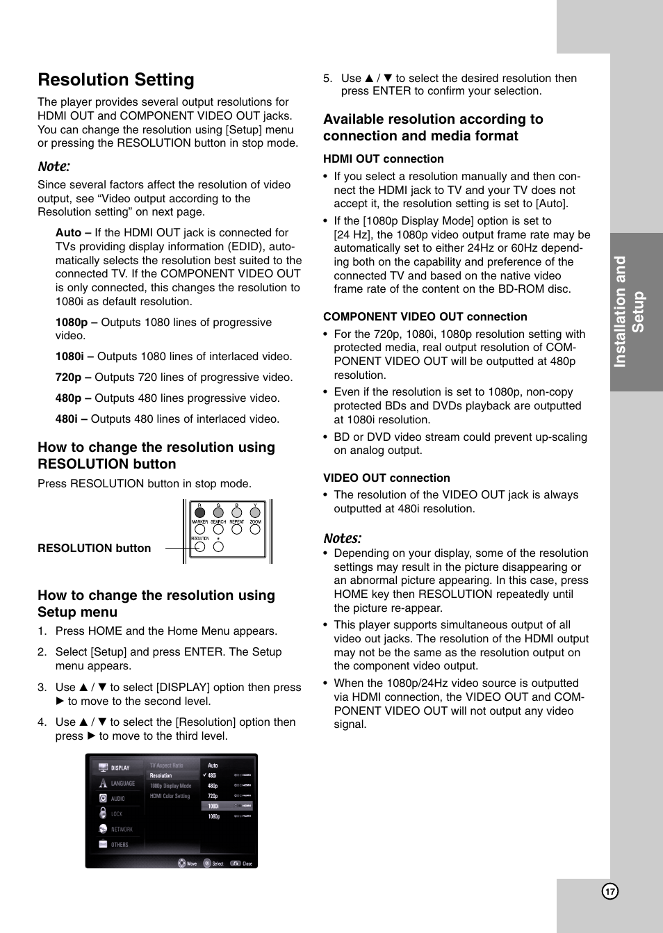 Resolution setting, Installation and setup | JVC XV-BP1 User Manual | Page 17 / 40