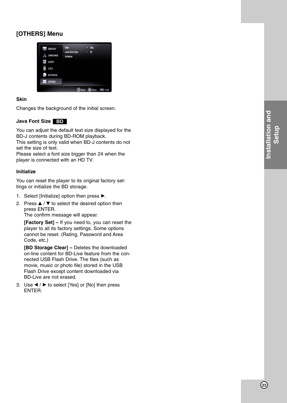 Others] menu, Installation and setup | JVC XV-BP1 User Manual | Page 23 / 40