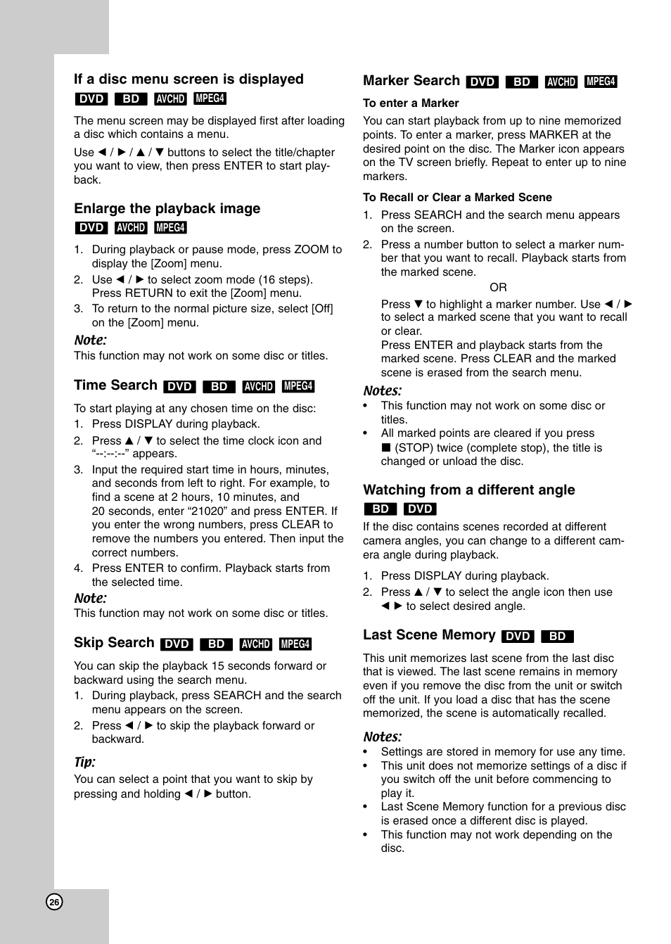 If a disc menu screen is displayed, Enlarge the playback image, Time search | Skip search, Marker search, Watching from a different angle, Last scene memory | JVC XV-BP1 User Manual | Page 26 / 40