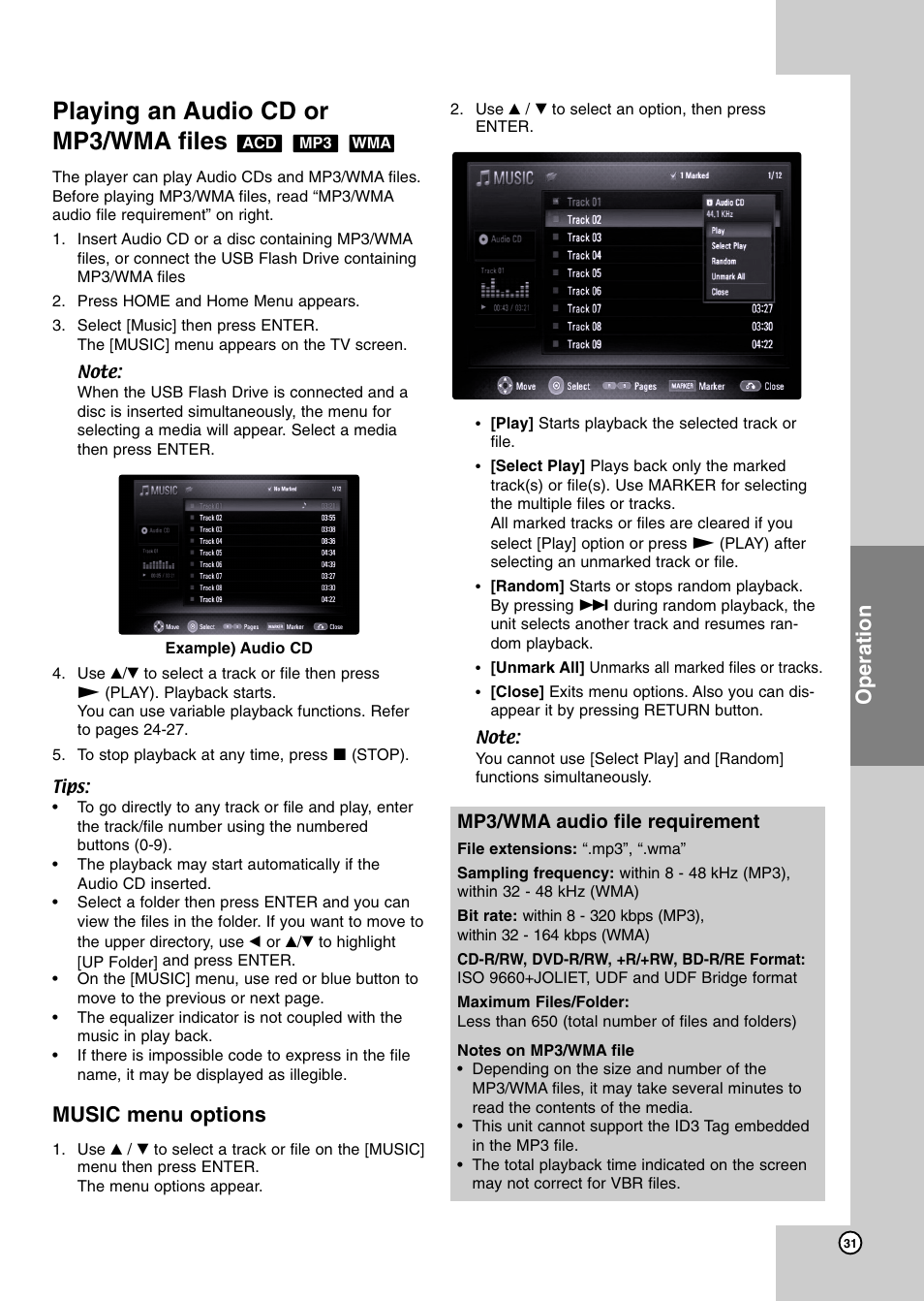Playing an audio cd or mp3/wma files, Operation, Music menu options | Mp3/wma audio file requirement | JVC XV-BP1 User Manual | Page 31 / 40