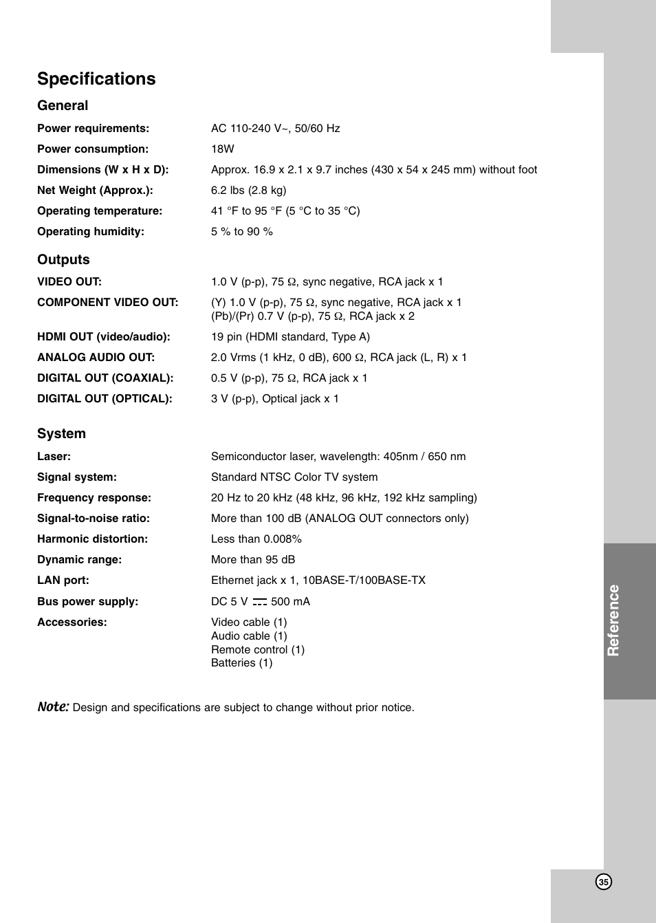 Specifications, Reference, General | Outputs, System | JVC XV-BP1 User Manual | Page 35 / 40