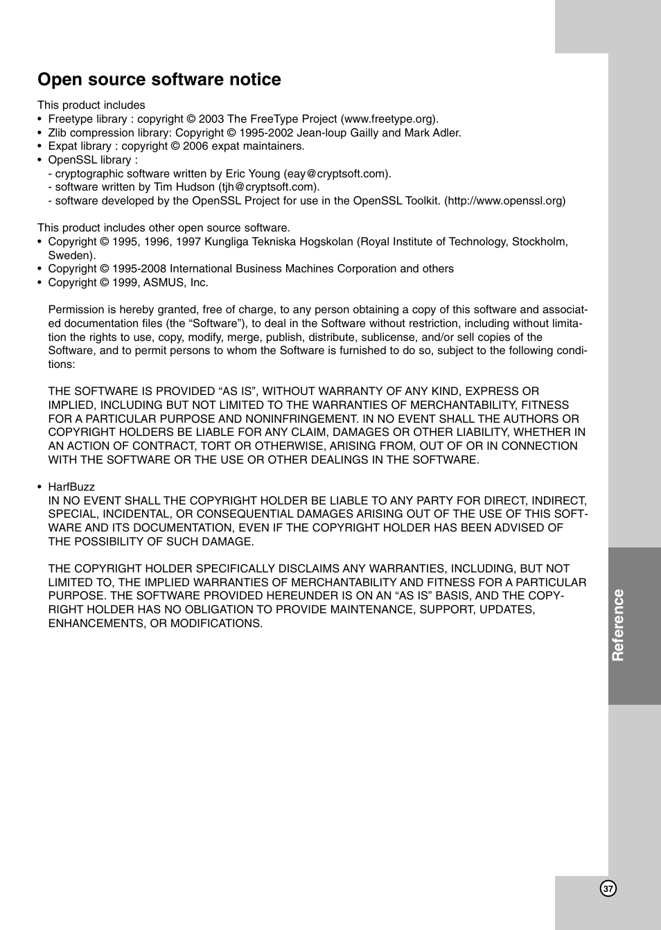 Open source software notice, Reference | JVC XV-BP1 User Manual | Page 37 / 40