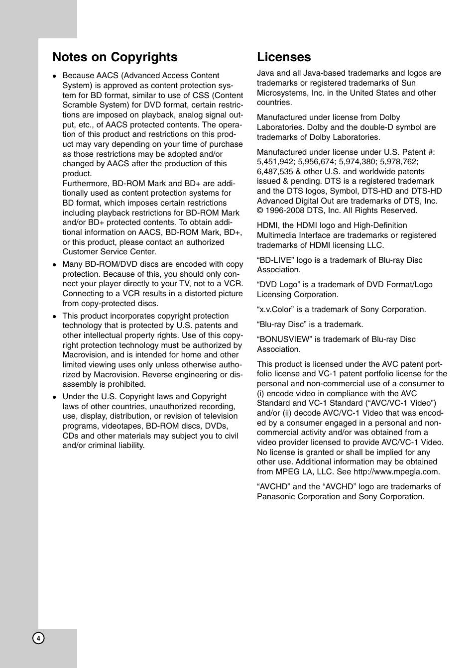 Notes on copyrights, Licenses | JVC XV-BP1 User Manual | Page 4 / 40