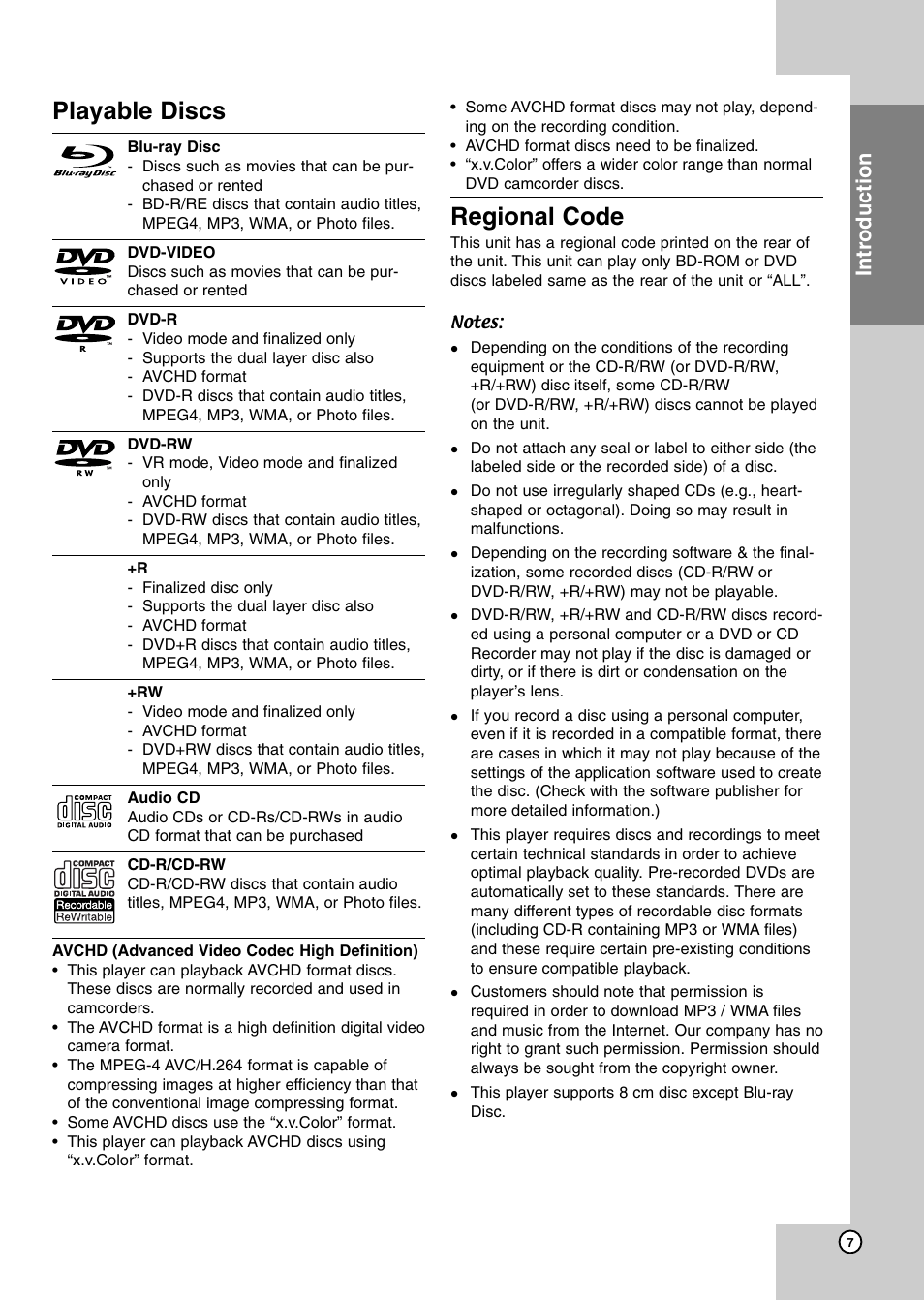 Playable discs, Regional code, Introduction | JVC XV-BP1 User Manual | Page 7 / 40