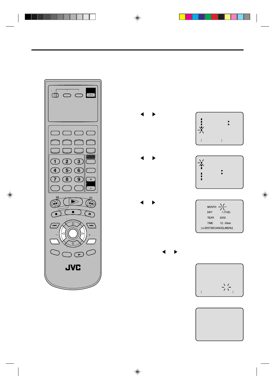 Manual clock setting, Vcr/dvd/tv, Press setup menu . the vcr menu screen will appear | Set the day, year and time as in step 4 | JVC Model HR-XVC1UJ User Manual | Page 23 / 60
