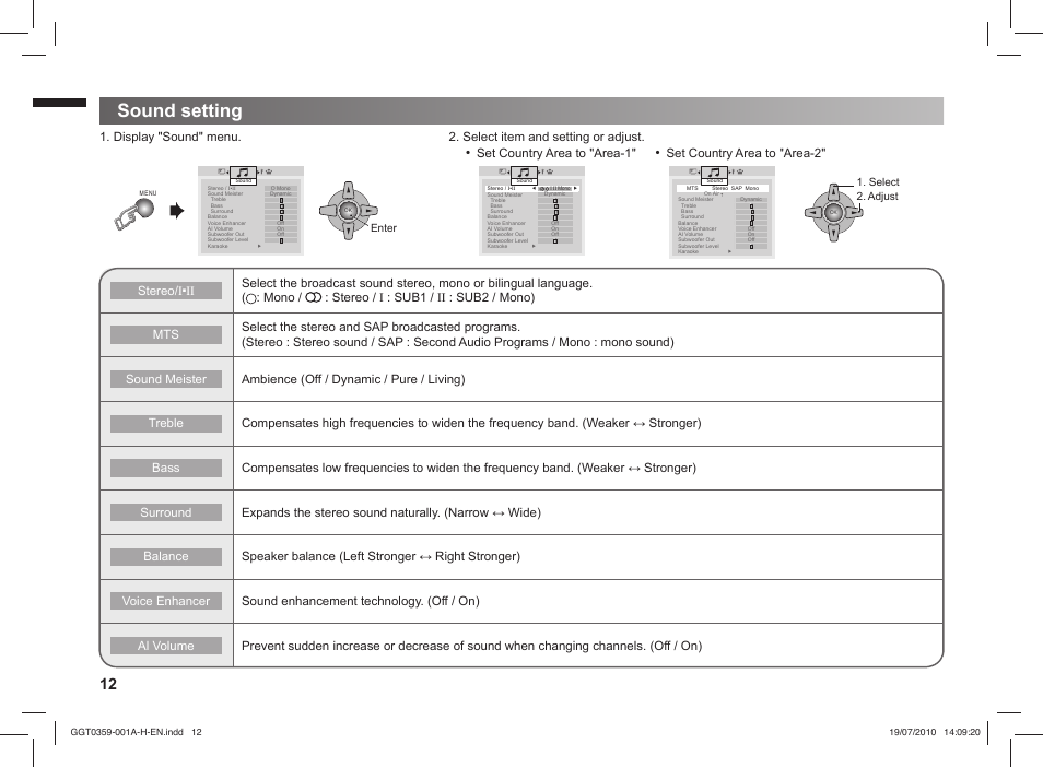 Sound setting, Stereo/i, Set country area to "area-2 | JVC GGT0359-001A-H User Manual | Page 12 / 24