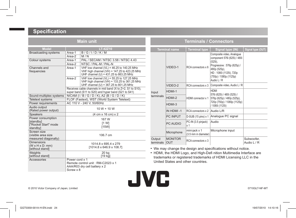 Specification, Specifi cation, Main unit terminals / connectors | JVC GGT0359-001A-H User Manual | Page 24 / 24