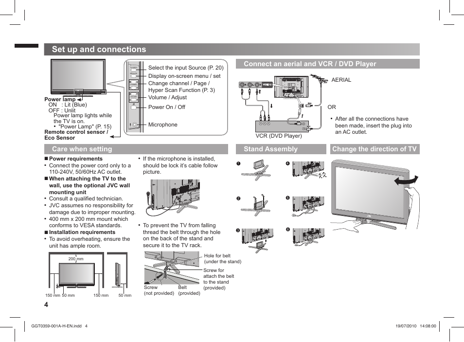 Set up and connections, Stand assembly change the direction of tv | JVC GGT0359-001A-H User Manual | Page 4 / 24