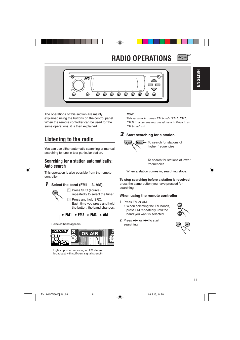 Radio operations, Listening to the radio, Searching for a station automatically: auto search | English | JVC LVT1055-001A User Manual | Page 11 / 80