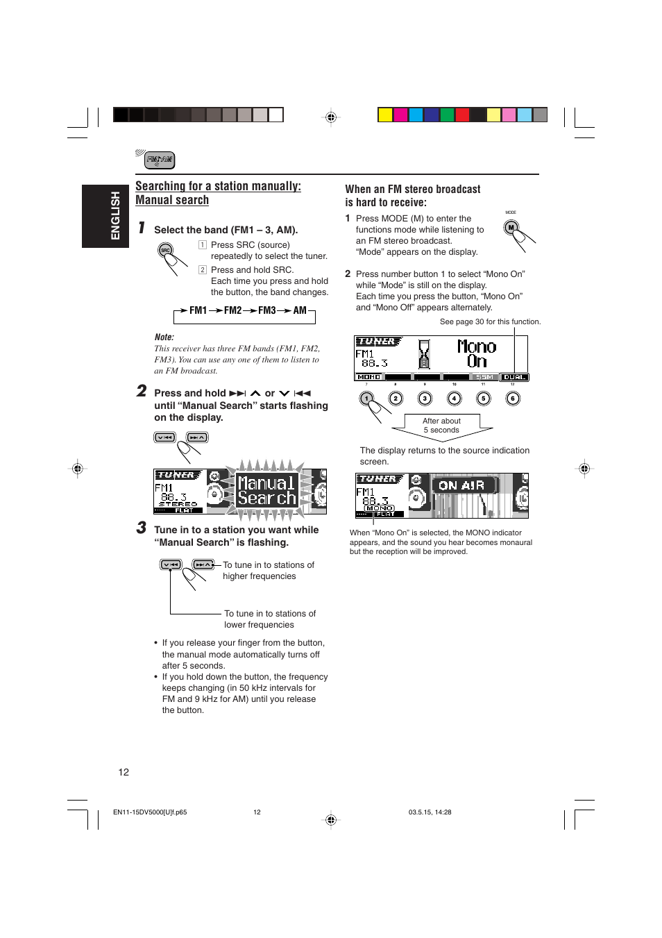 Searching for a station manually: manual search, English, When an fm stereo broadcast is hard to receive | JVC LVT1055-001A User Manual | Page 12 / 80