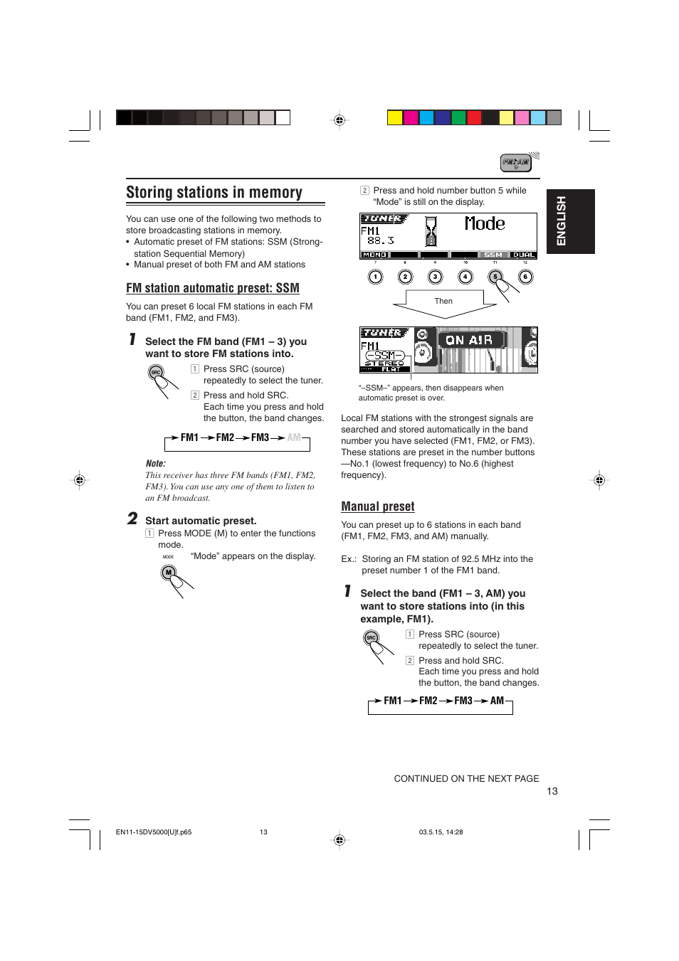 Manual preset, Fm station automatic preset: ssm, English | JVC LVT1055-001A User Manual | Page 13 / 80