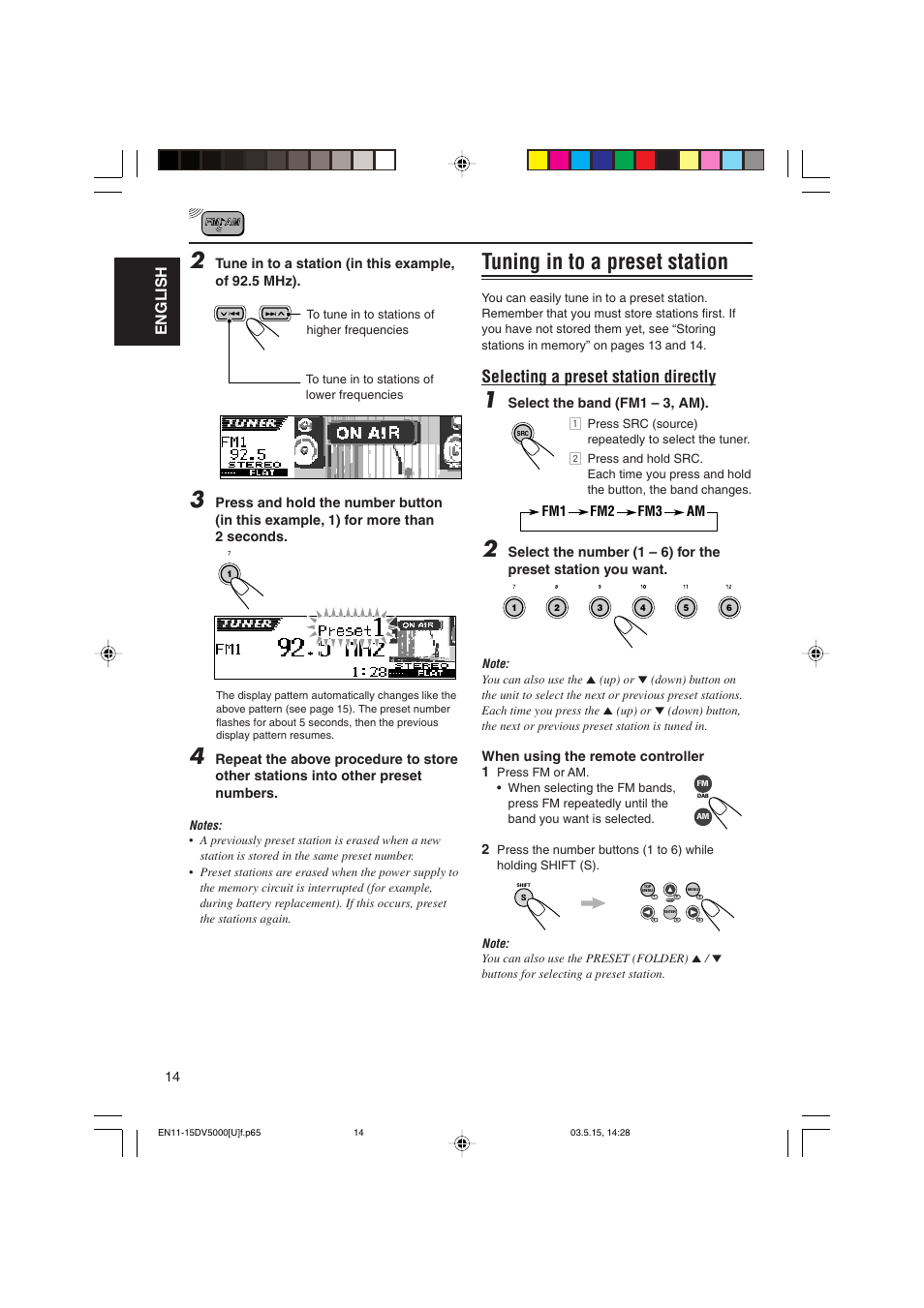 Tuning in to a preset station, Selecting a preset station directly, English | JVC LVT1055-001A User Manual | Page 14 / 80