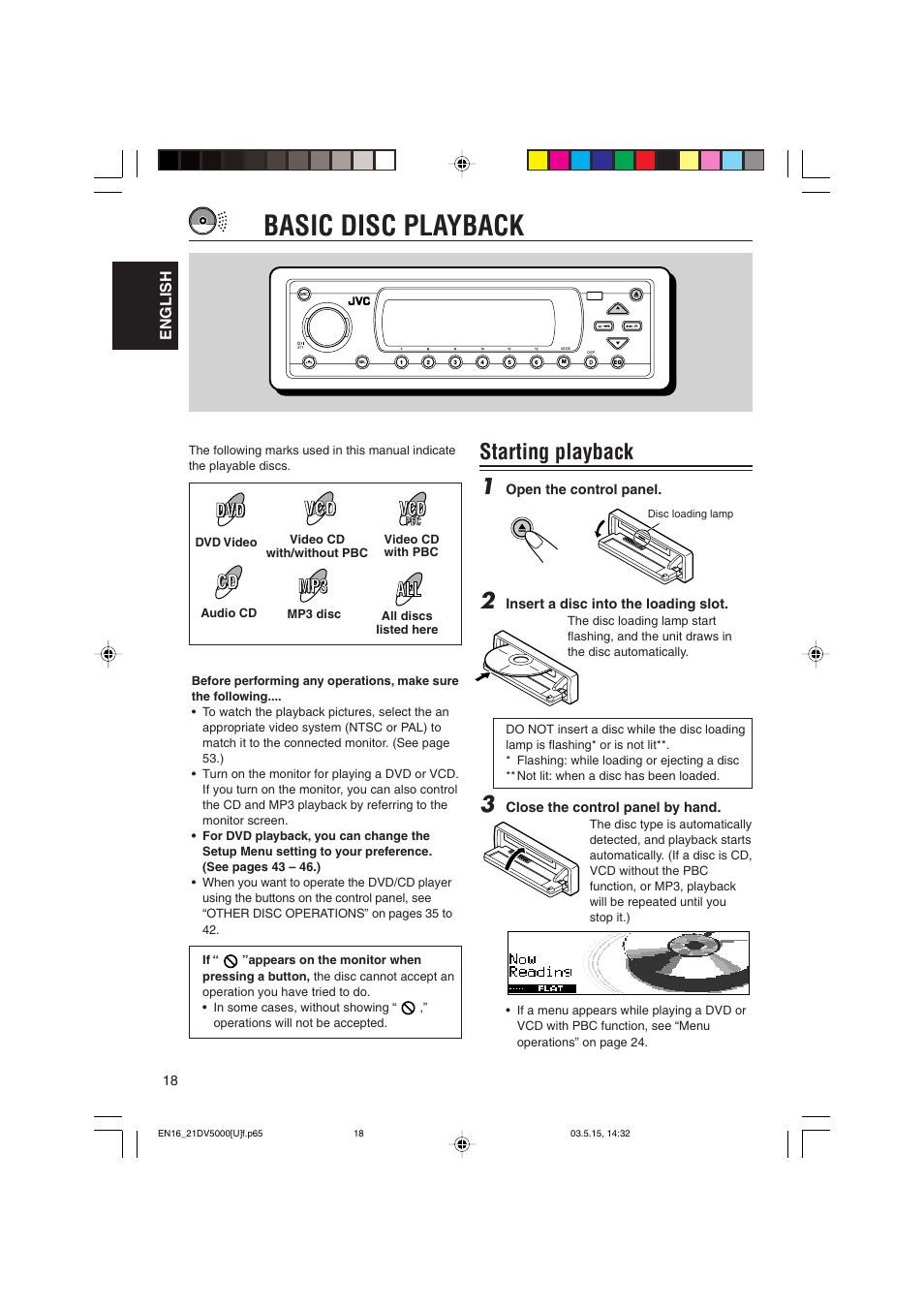 Basic disc playback, Starting playback 1, English | JVC LVT1055-001A User Manual | Page 18 / 80