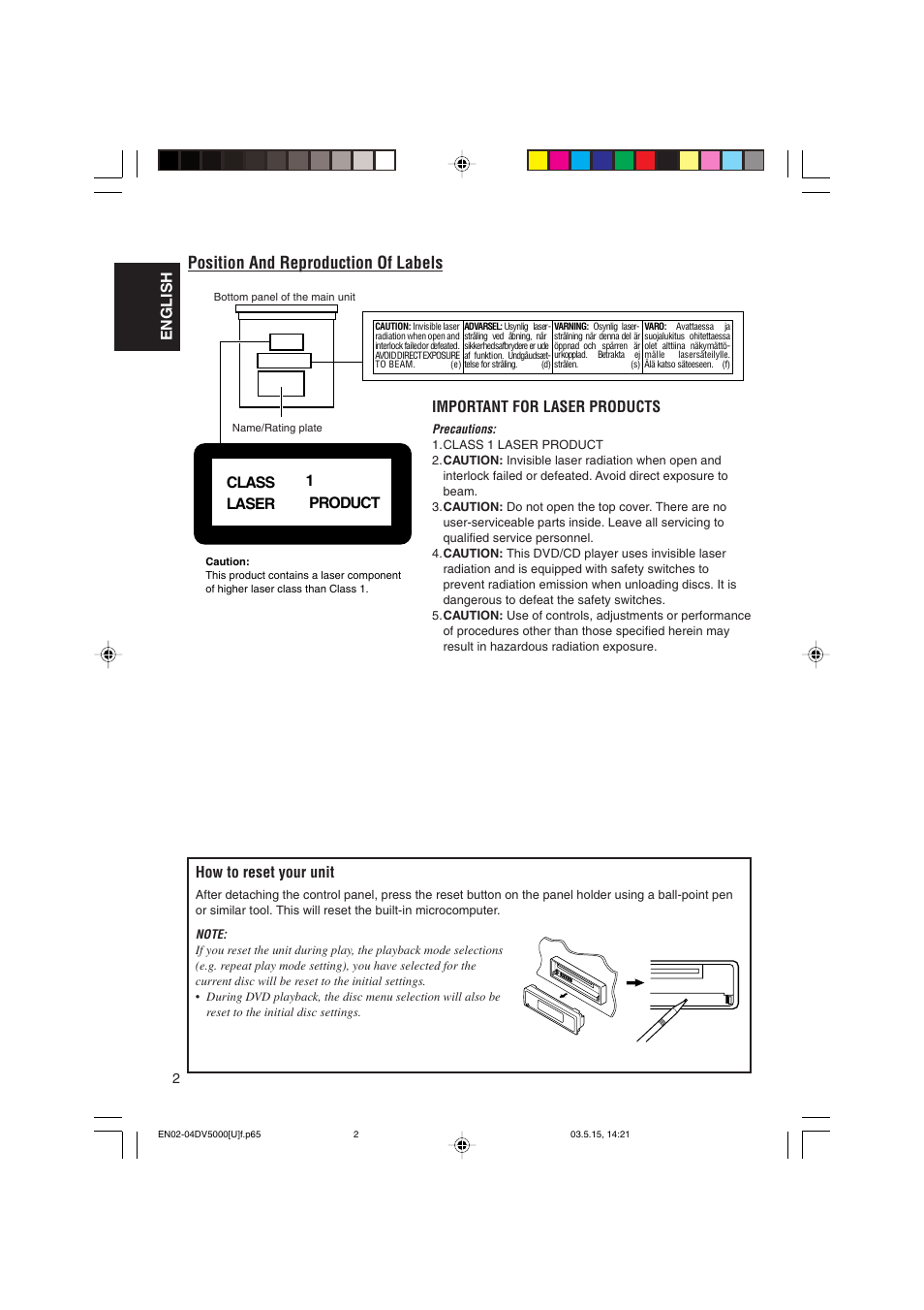 Position and reproduction of labels, English how to reset your unit, Important for laser products | Class laser 1 product | JVC LVT1055-001A User Manual | Page 2 / 80