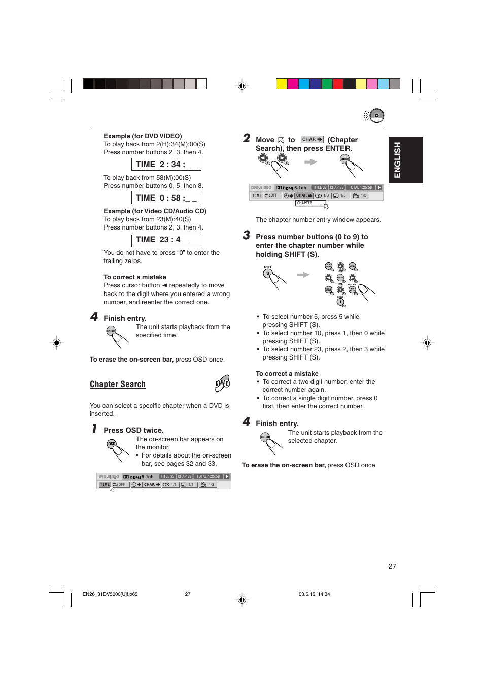Chapter search, English, Time 2 : 34 | Time 0 : 58, Time 23 : 4, Move to, Chapter search), then press enter, Finish entry, Press osd twice | JVC LVT1055-001A User Manual | Page 27 / 80