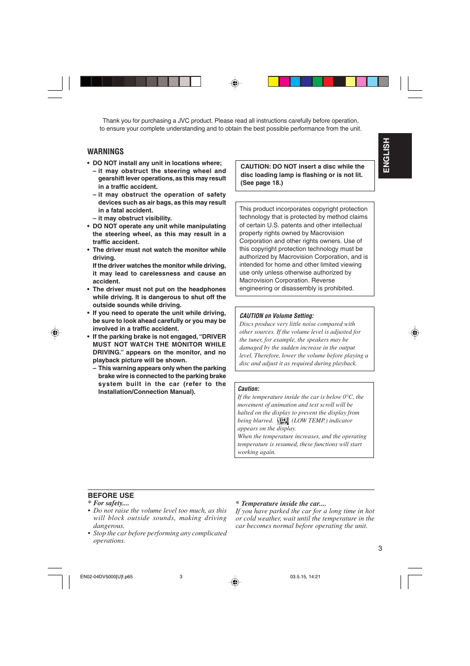 Warnings, English warnings | JVC LVT1055-001A User Manual | Page 3 / 80