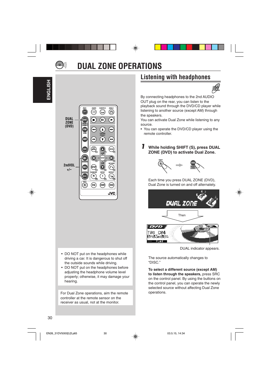 Dual zone operations, Listening with headphones, English | Dual indicator appears | JVC LVT1055-001A User Manual | Page 30 / 80
