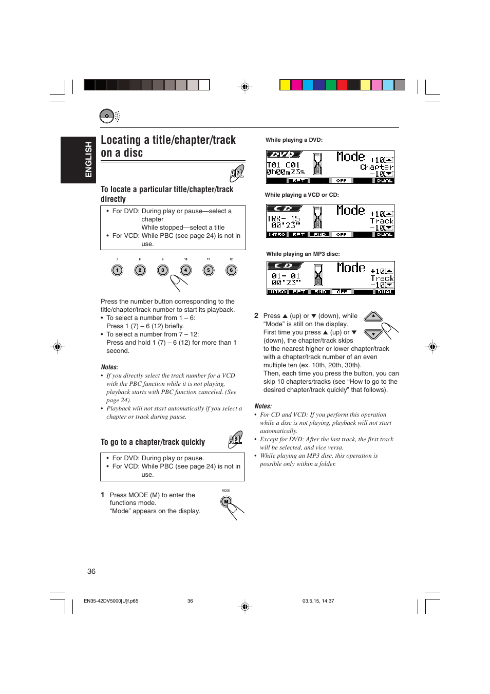 Locating a title/chapter/track on a disc, English | JVC LVT1055-001A User Manual | Page 36 / 80