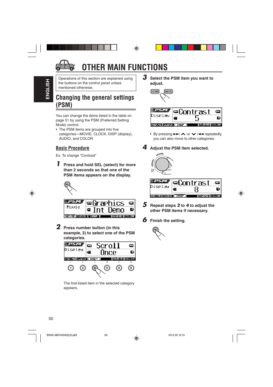Other main functions, Changing the general settings (psm), Basic procedure | JVC LVT1055-001A User Manual | Page 50 / 80