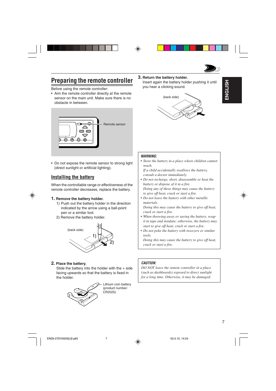 Preparing the remote controller, Installing the battery, English | JVC LVT1055-001A User Manual | Page 7 / 80