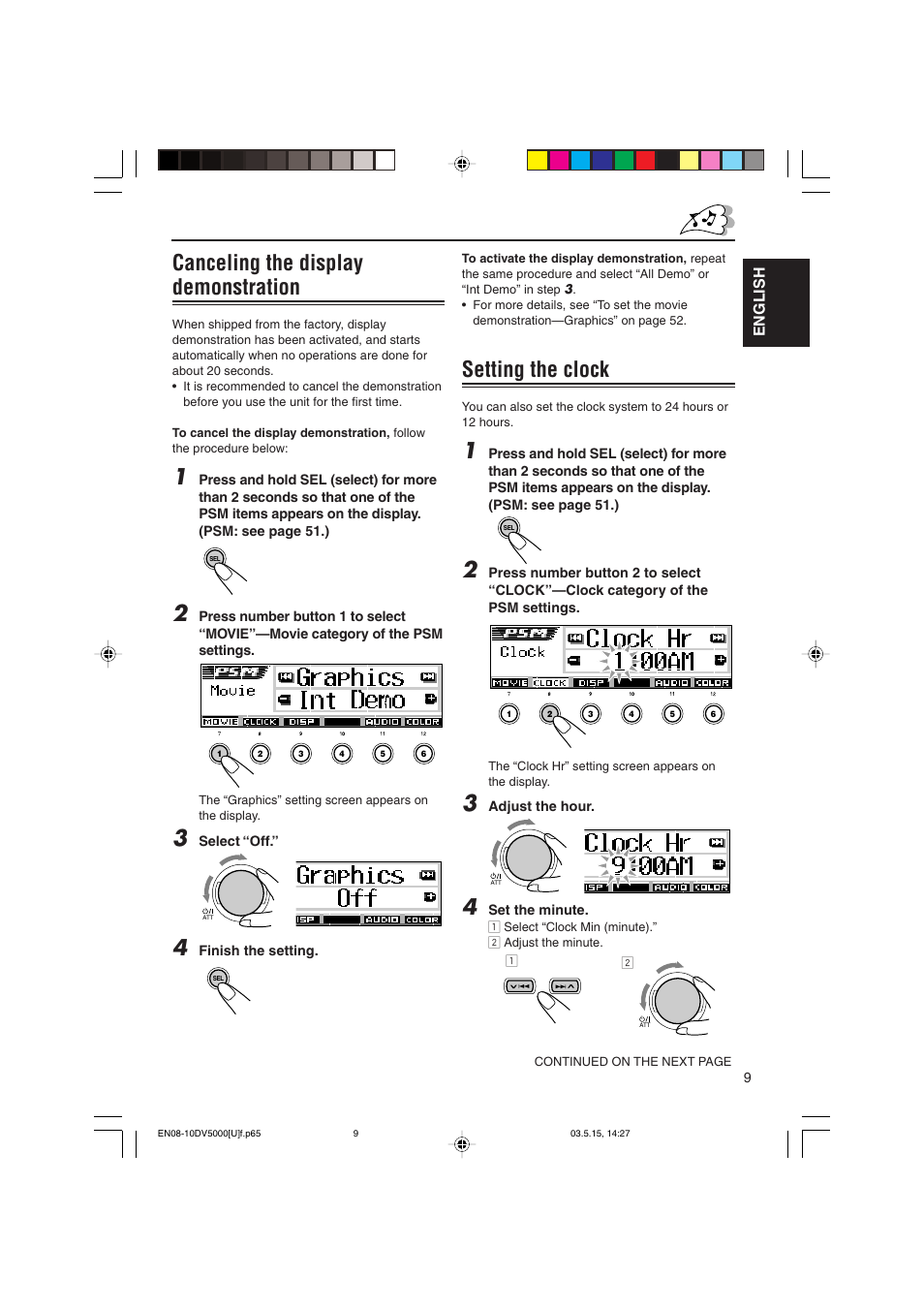 Canceling the display demonstration, Setting the clock, English | JVC LVT1055-001A User Manual | Page 9 / 80