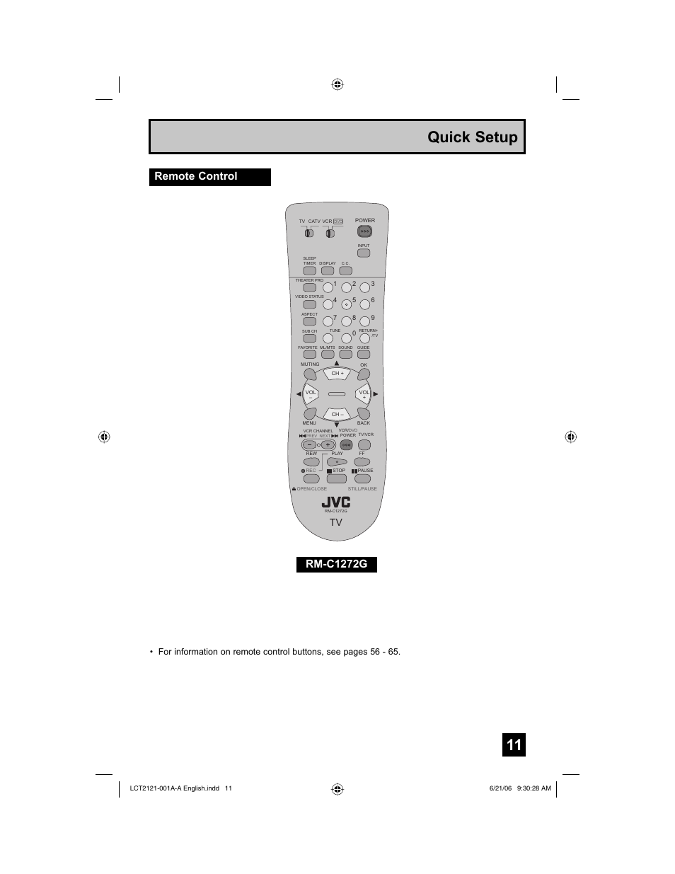 Remote control, 11 quick setup, Rm-c1272g | JVC AV-48P787 User Manual | Page 11 / 72