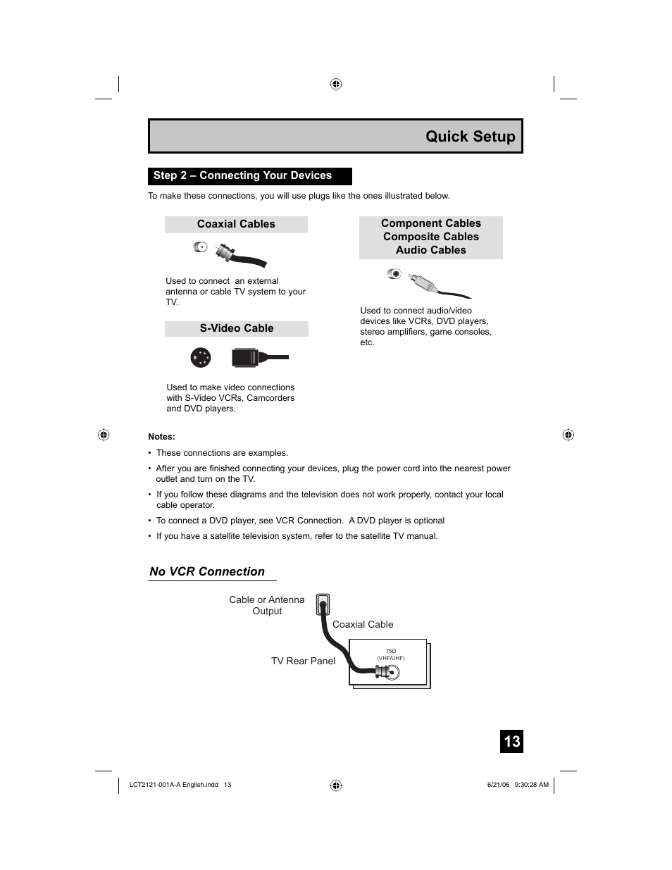 Step 2 – connecting your devices, 13 quick setup, No vcr connection | JVC AV-48P787 User Manual | Page 13 / 72