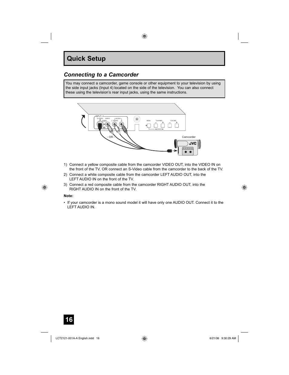 16 quick setup, Connecting to a camcorder | JVC AV-48P787 User Manual | Page 16 / 72