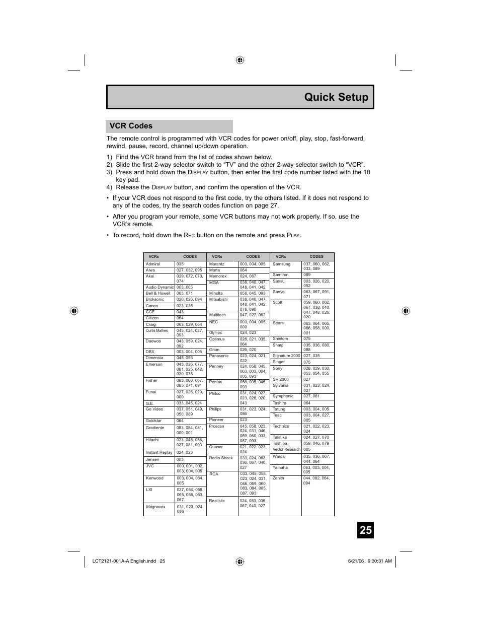 25 quick setup, Vcr codes, Button on the remote and press p | JVC AV-48P787 User Manual | Page 25 / 72