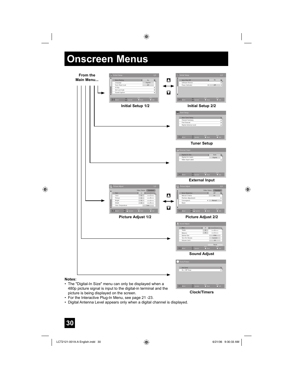 Onscreen menus, Initial setup 2/2 initial setup 1/2, External input | Picture adjust 1/2, Picture adjust 2/2, Sound adjust | JVC AV-48P787 User Manual | Page 30 / 72