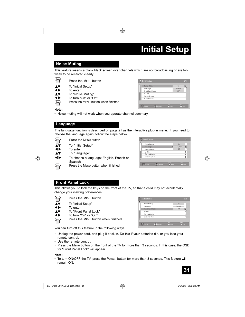 Initial setup, Noise muting, Language | Front panel lock | JVC AV-48P787 User Manual | Page 31 / 72
