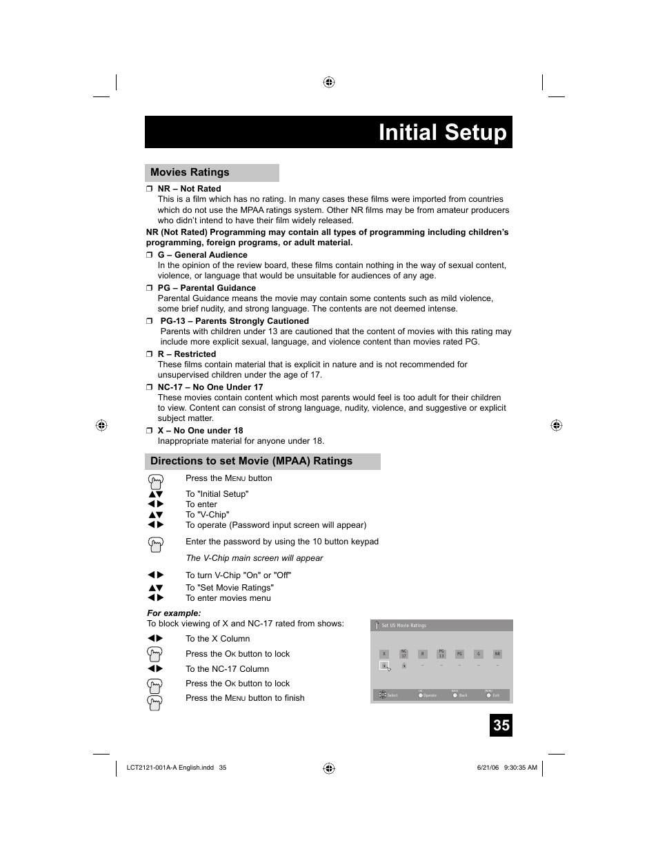 Initial setup, Movies ratings, Directions to set movie (mpaa) ratings | JVC AV-48P787 User Manual | Page 35 / 72