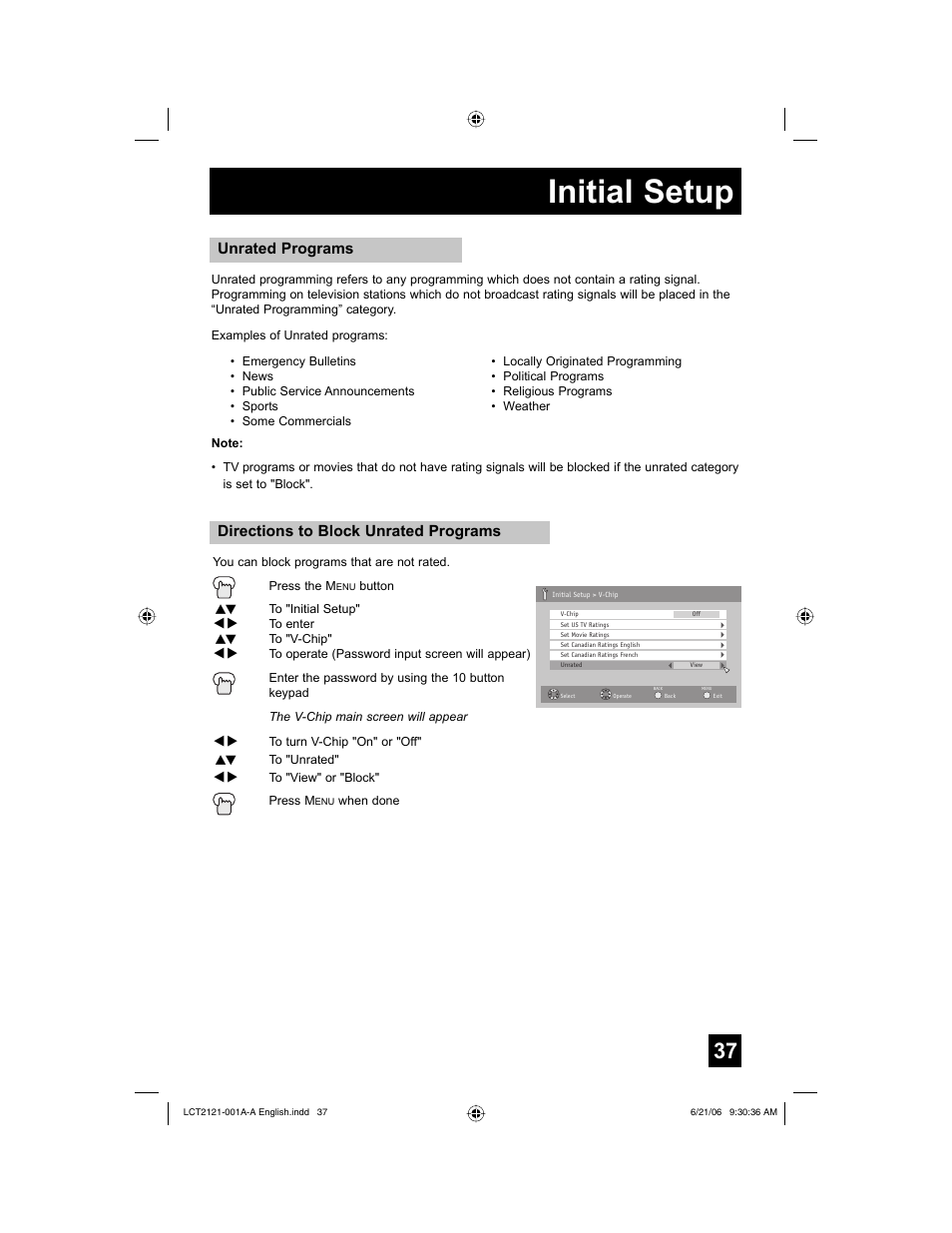 Initial setup, Directions to block unrated programs, Unrated programs | JVC AV-48P787 User Manual | Page 37 / 72