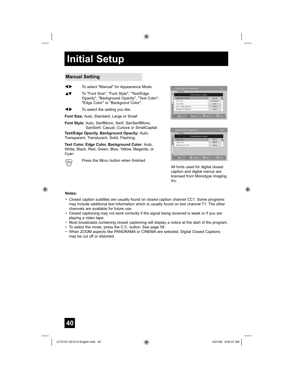 Initial setup, Manual setting | JVC AV-48P787 User Manual | Page 40 / 72