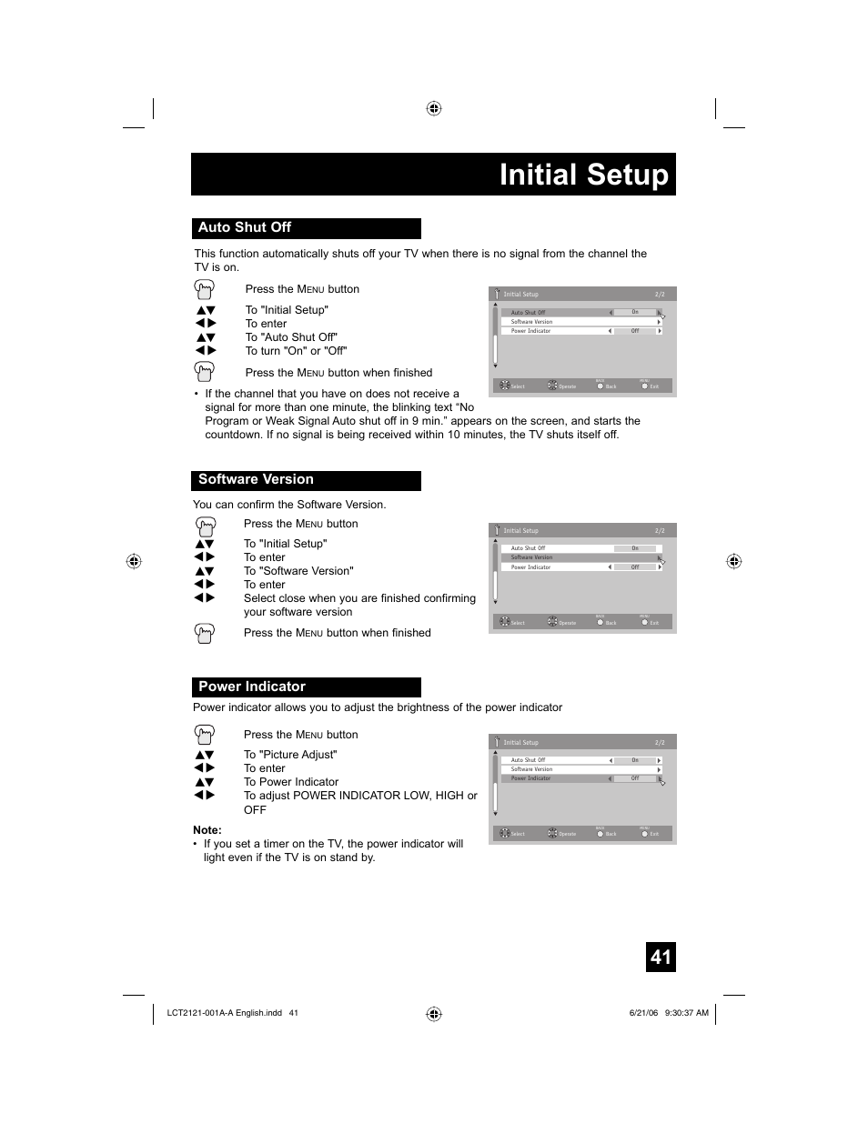Auto shut off, Software version, Power indicator | Initial setup | JVC AV-48P787 User Manual | Page 41 / 72